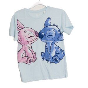 Disney Stitch & Angel Size L(10/12) Graphic T-Shirt Light Blue Short Sleeve